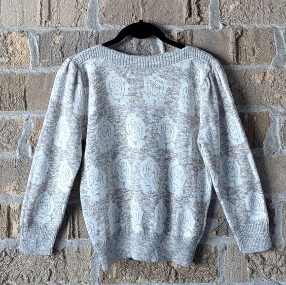 Vintage Sweaters - VTG 70s Neutral Pastel Roses Pinup Sweater Puff Sleeve Wide Neck XS Coquette